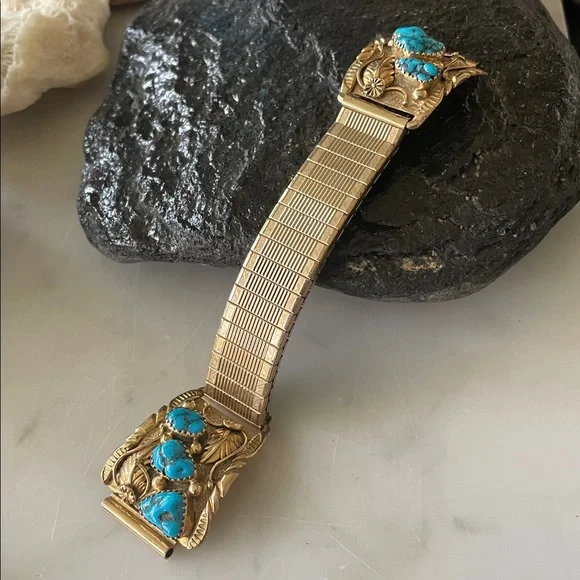 Gold 14K Native American Turquoise Vintage Watch Tips signed Walley - Picture 15 of 15